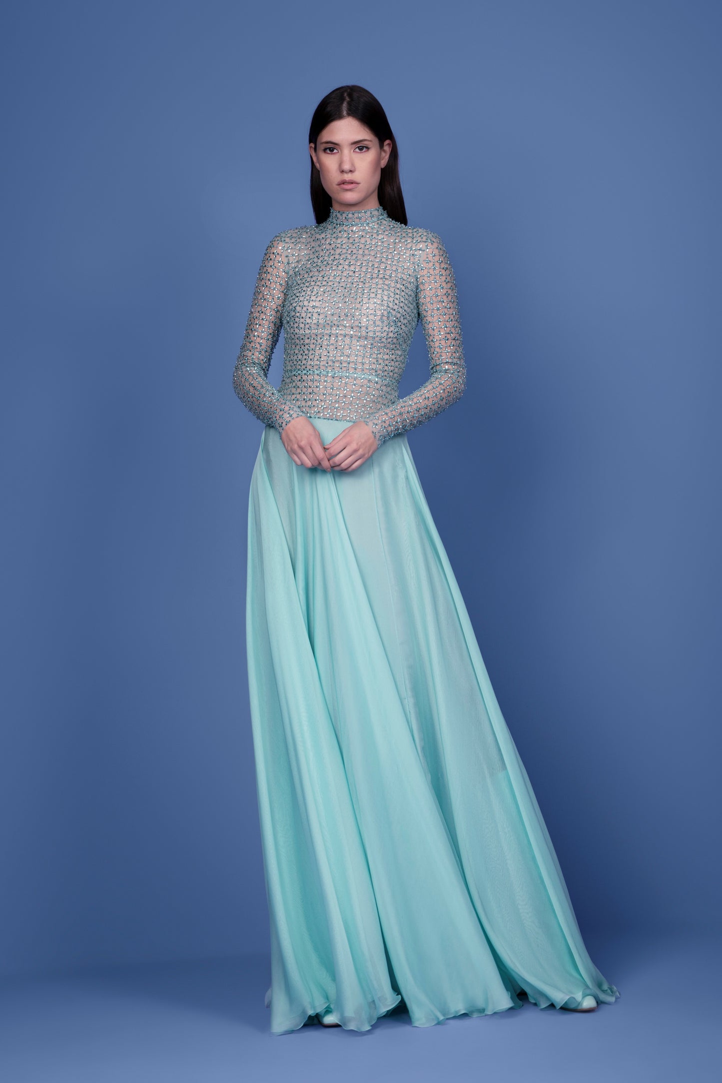 Beaded Tulle Gown with Chiffon Skirt