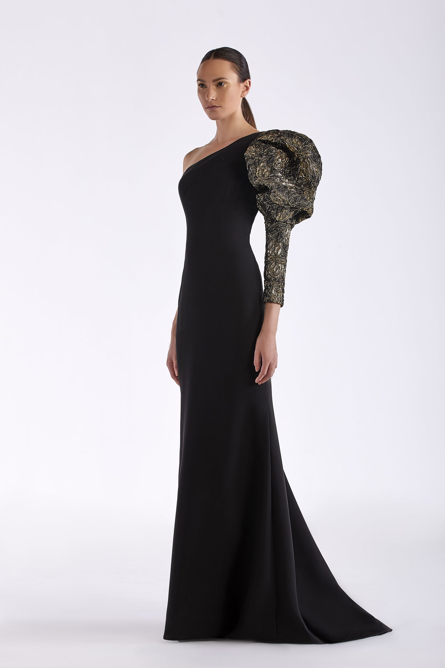 Crepe Jacquard Sleeve Gown