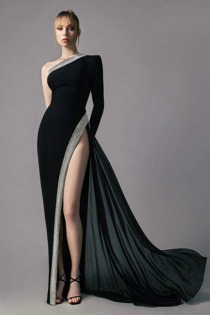 Crepe Gown with Silver Chain Mail