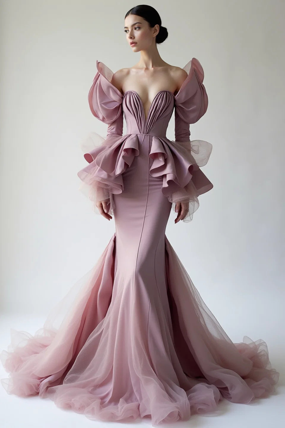 Long Sleeved Off Shoulder Gown