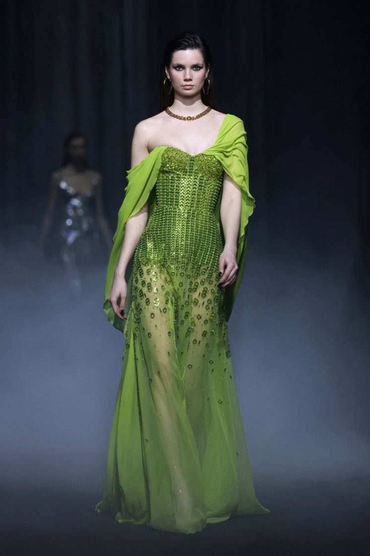 Strapless Beaded Tulle Gown with Georgette Panels