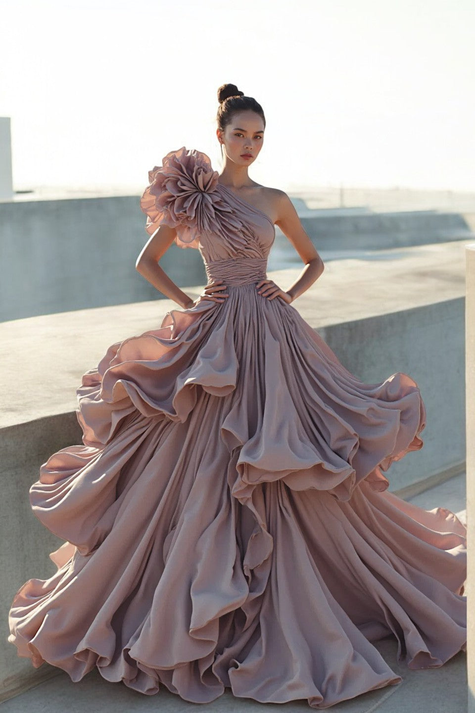Ruffled One-Shoulder A-Line Gown