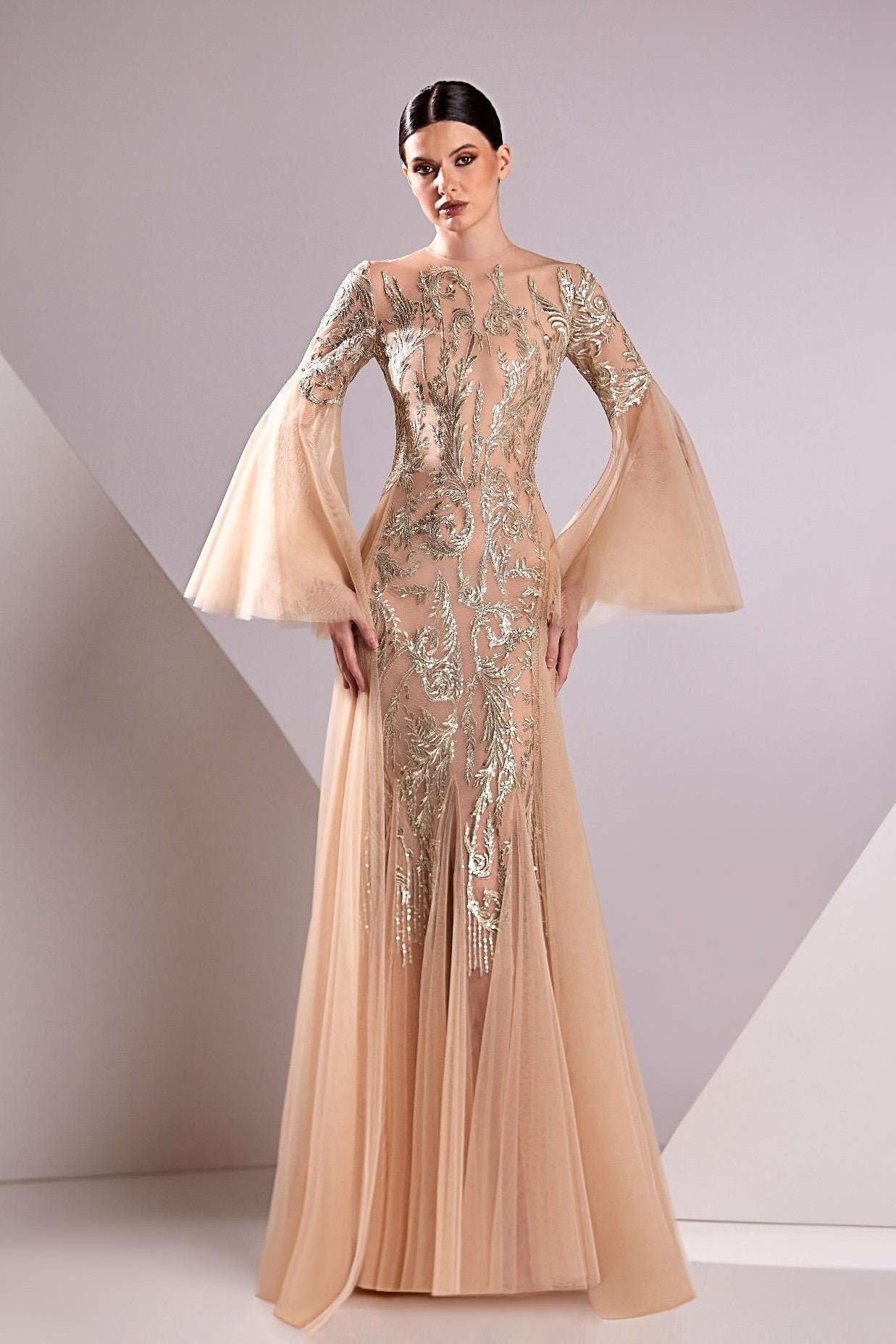 Lace Embroidered Bell Sleeve Gown