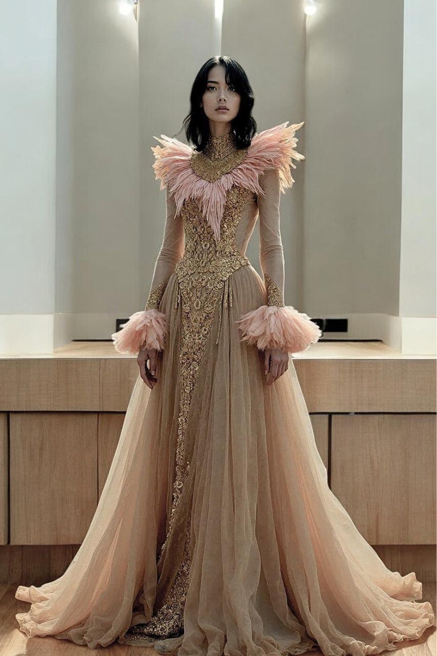 High Neck Feathered Gown