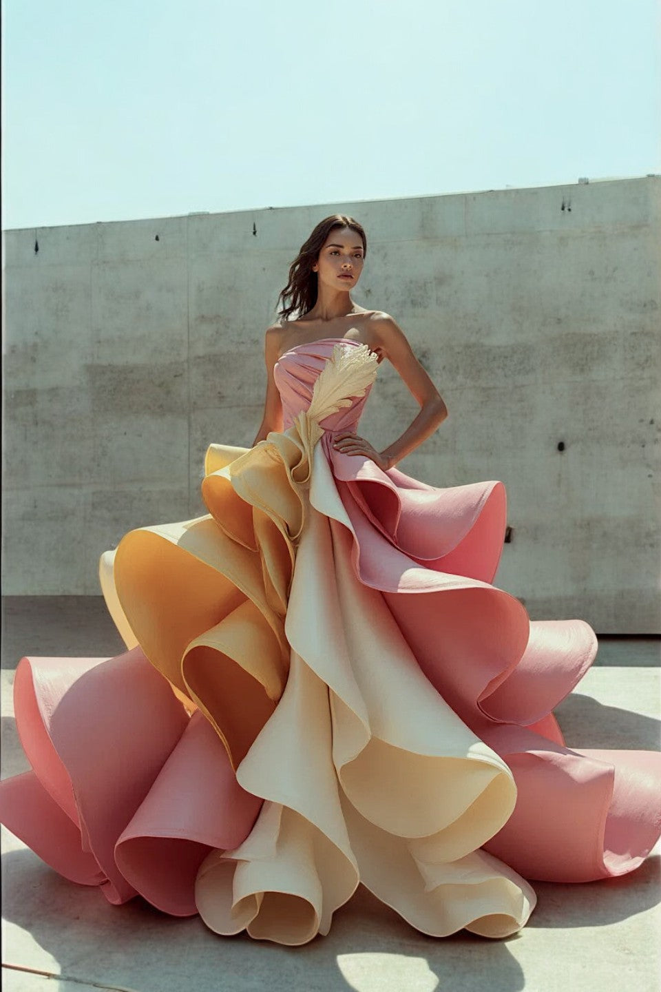 Strapless A-Line Cascading Ruffled Gown