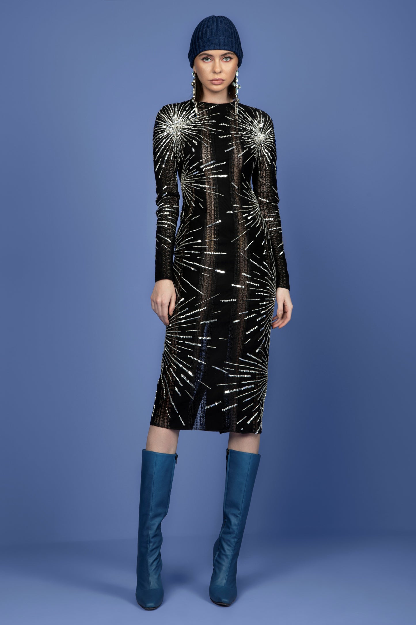 Long Sleeved Beaded Tulle Dress