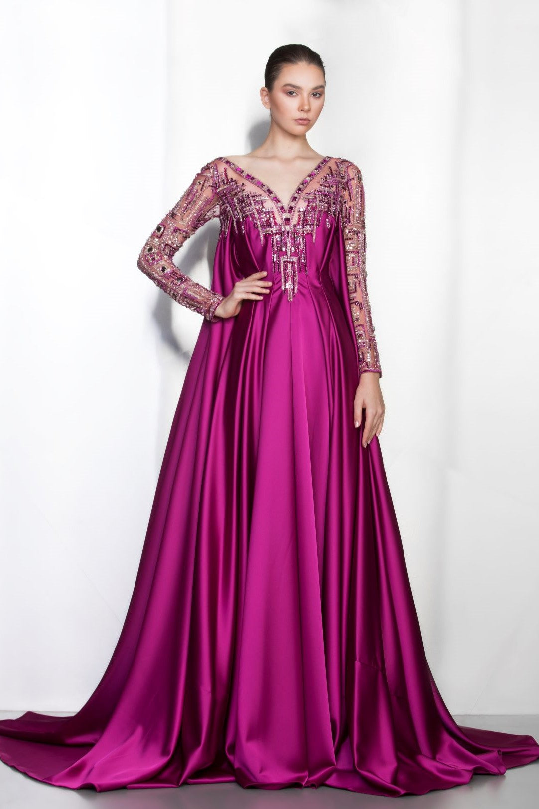 Embellished Long Sleeve A-Line Gown
