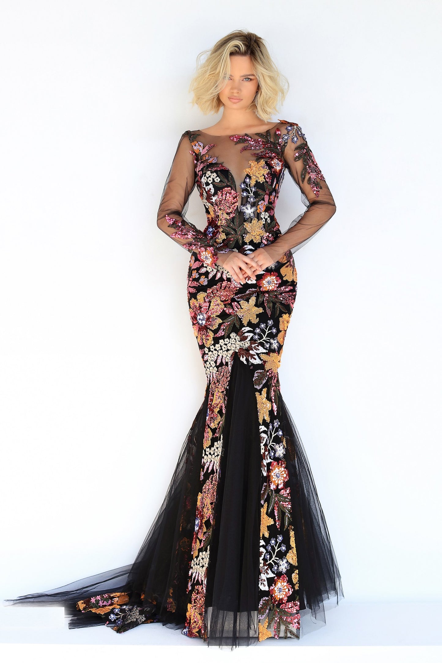 Lynet Long Sleeve Sequin Tulle Gown