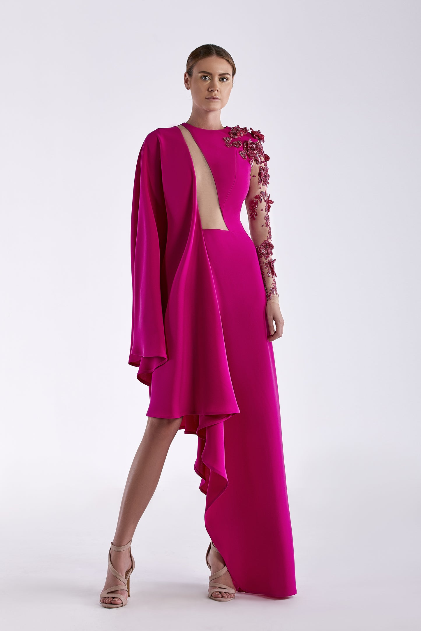 Crepe Gown with Embroidered Sleeve