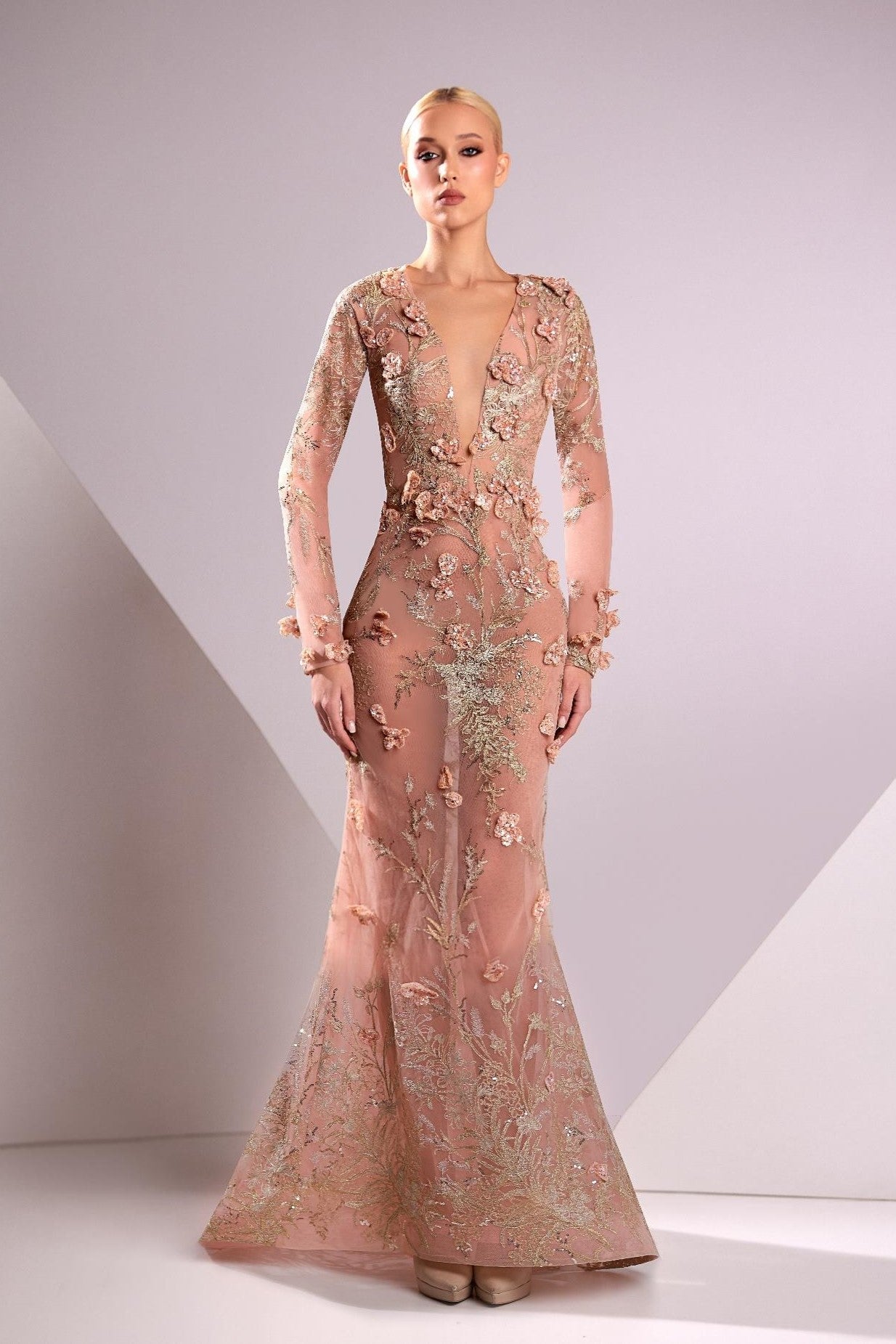 Lace Embroidered Flared Gown