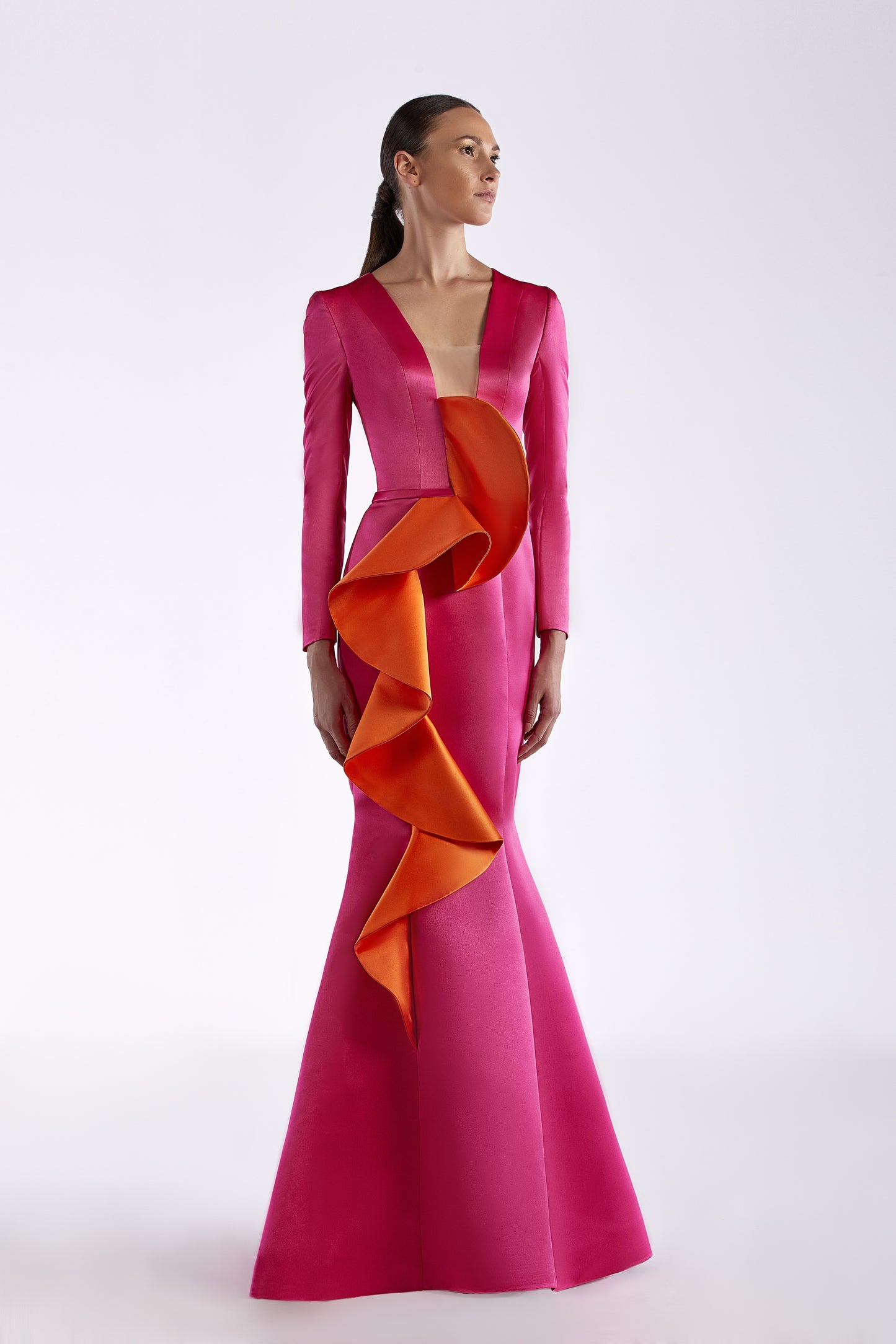 Long Sleeve Satin Trumpet Gown