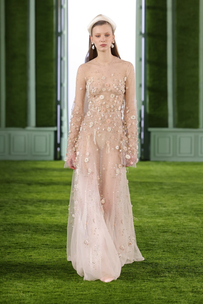 Beaded Tulle Gown with Satin 3D Flowers