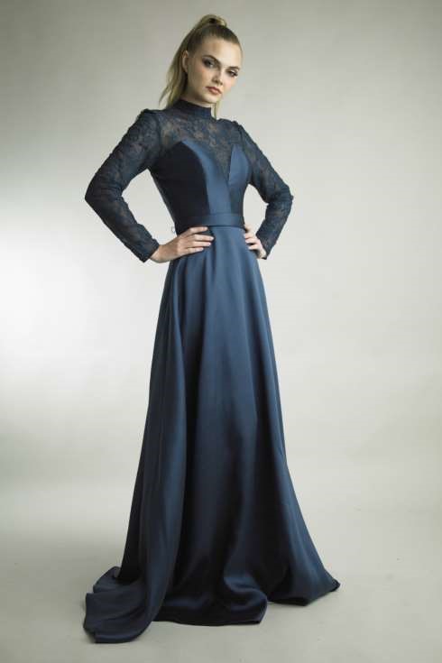 Long Sleeve Lace Bodice A-Line Gown