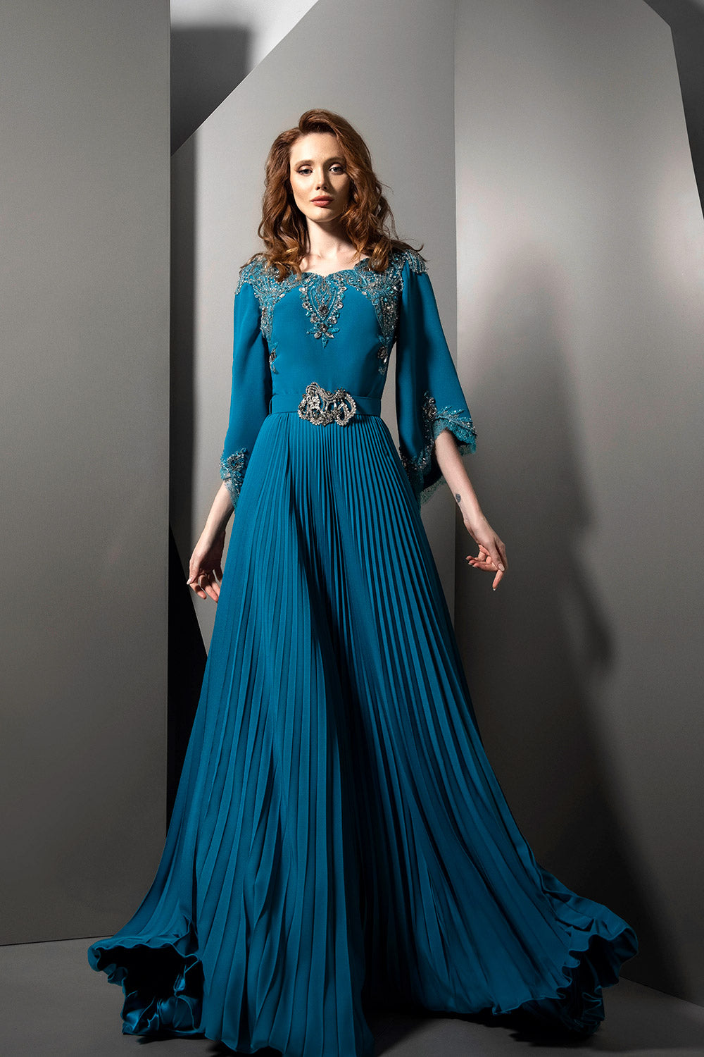 Pleated Embellished Bodice Gown