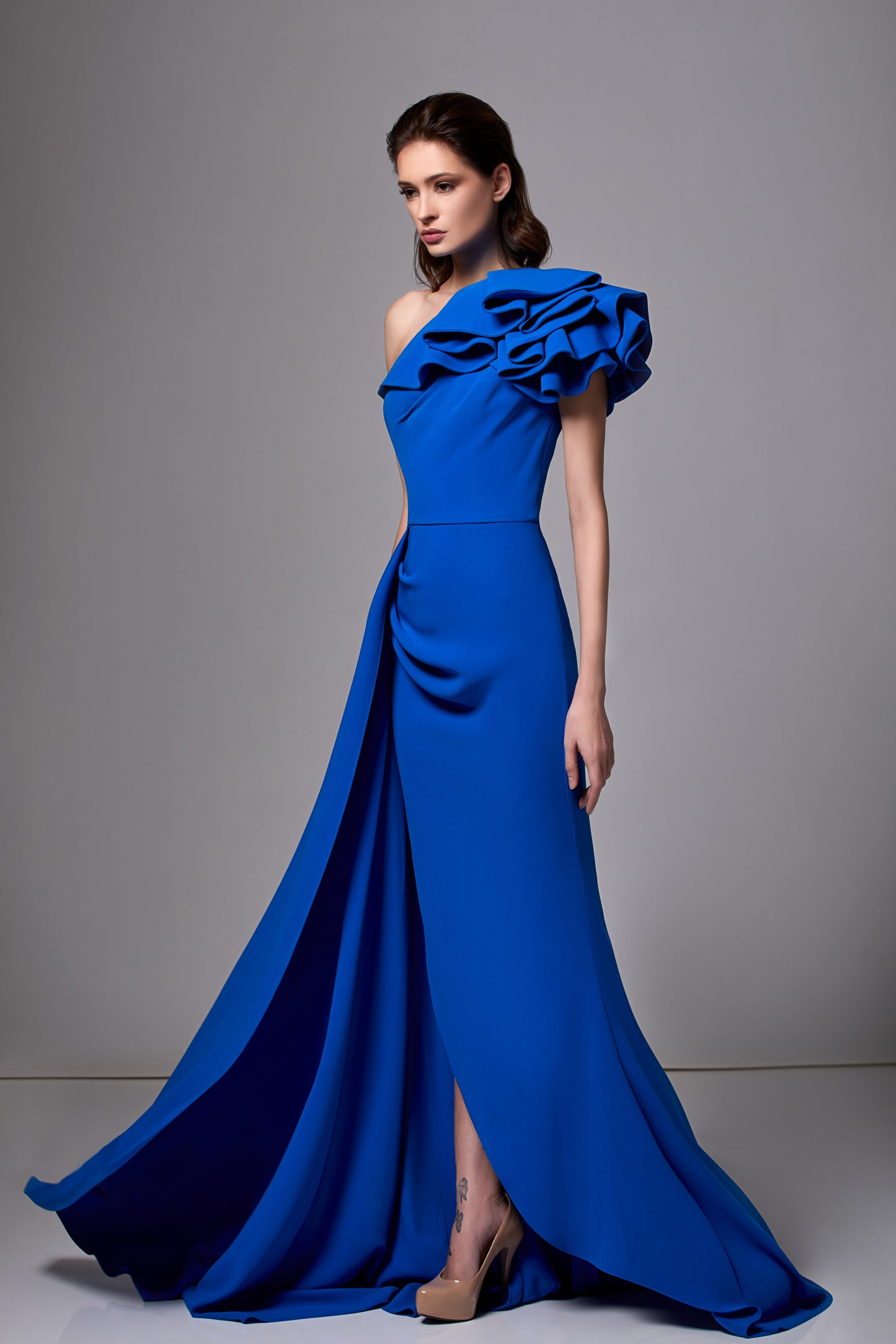 Ruffled One Shoulder Crepe Gown