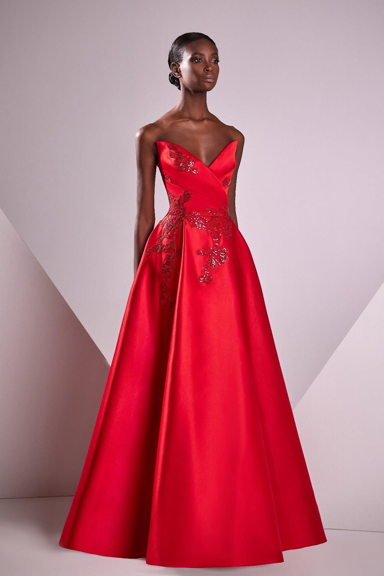 Satin Duchesse Gown with Guipure Embroidery