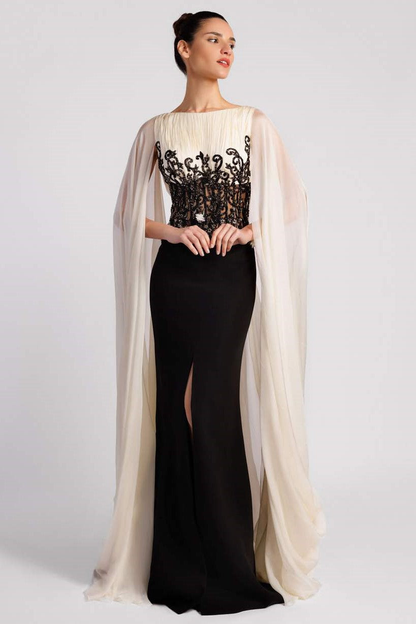 Crepe and Chiffon Cape Sleeve Gown