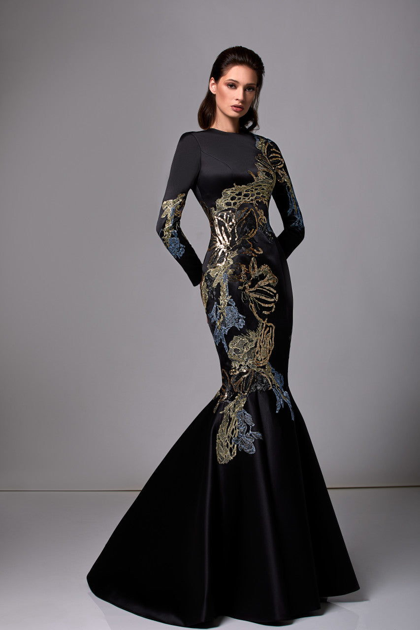 Long-Sleeve Satin Embroidered Gown