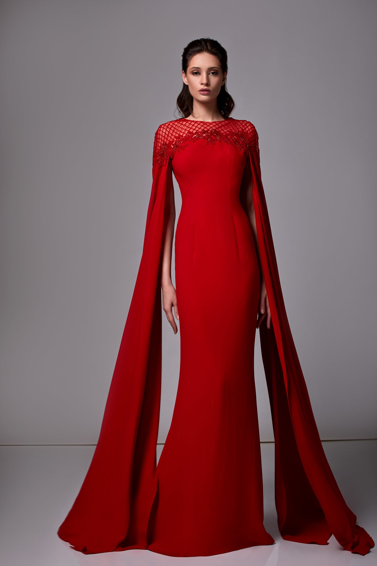 Beaded Cape Sleeve Crepe Gown