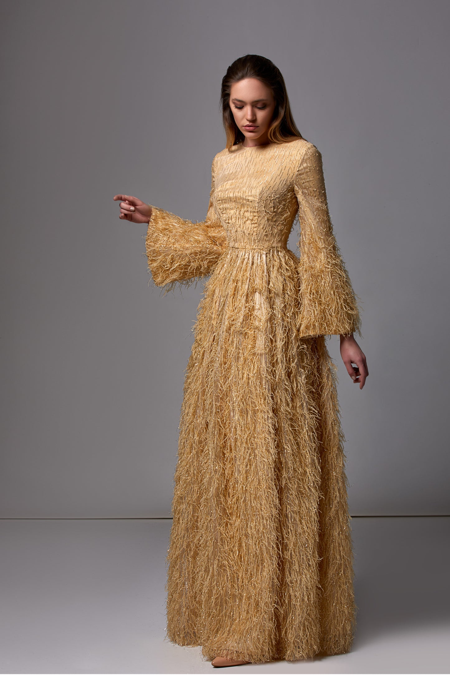 Long Bell Sleeve Feather Gown