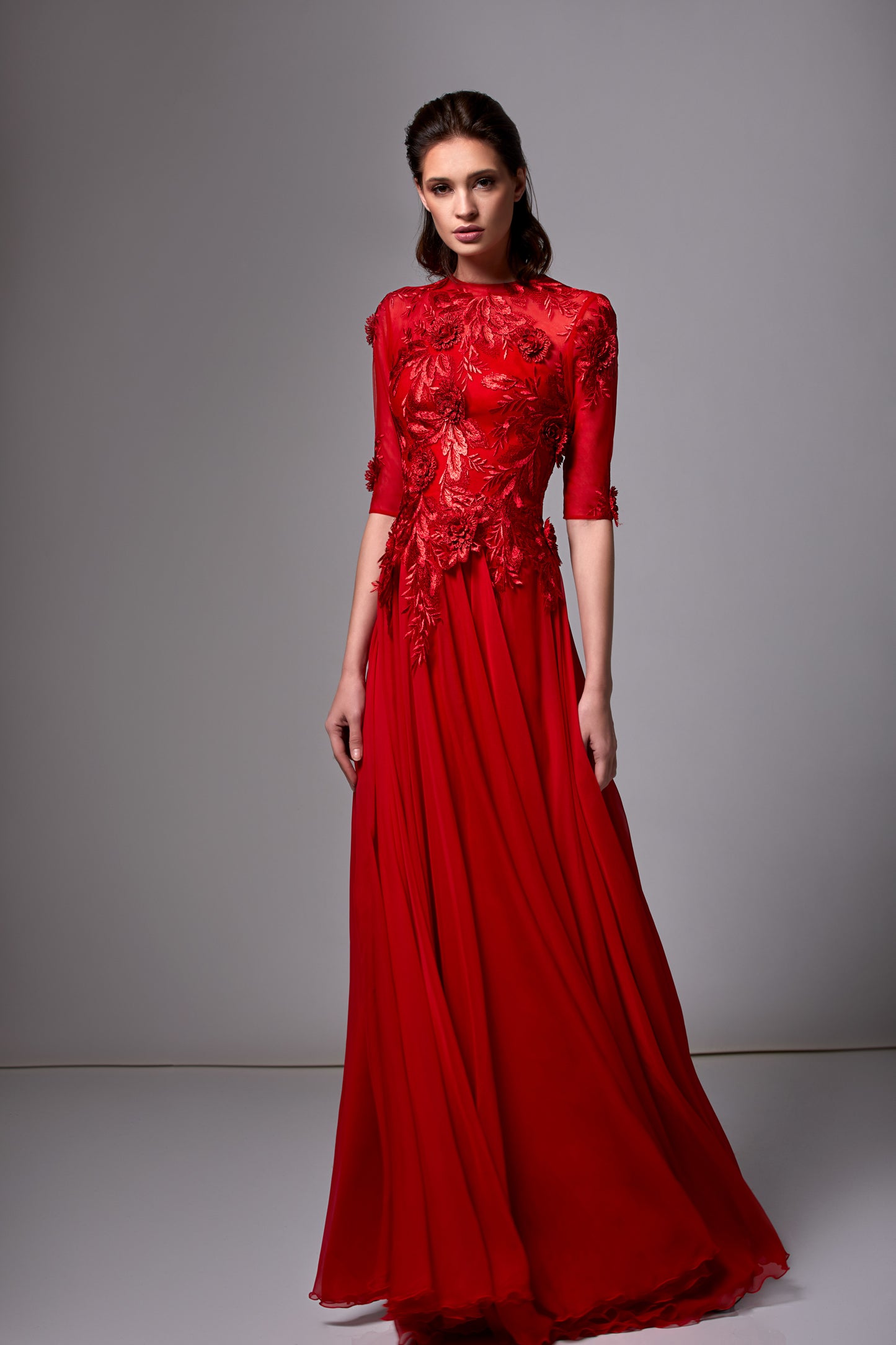Elbow Sleeve Mousseline Gown with Lace
