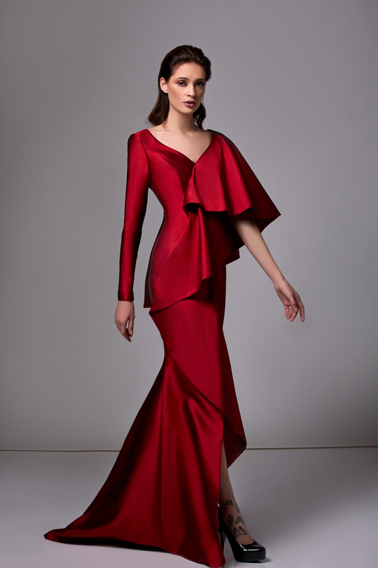 Draped Satin Slit Gown