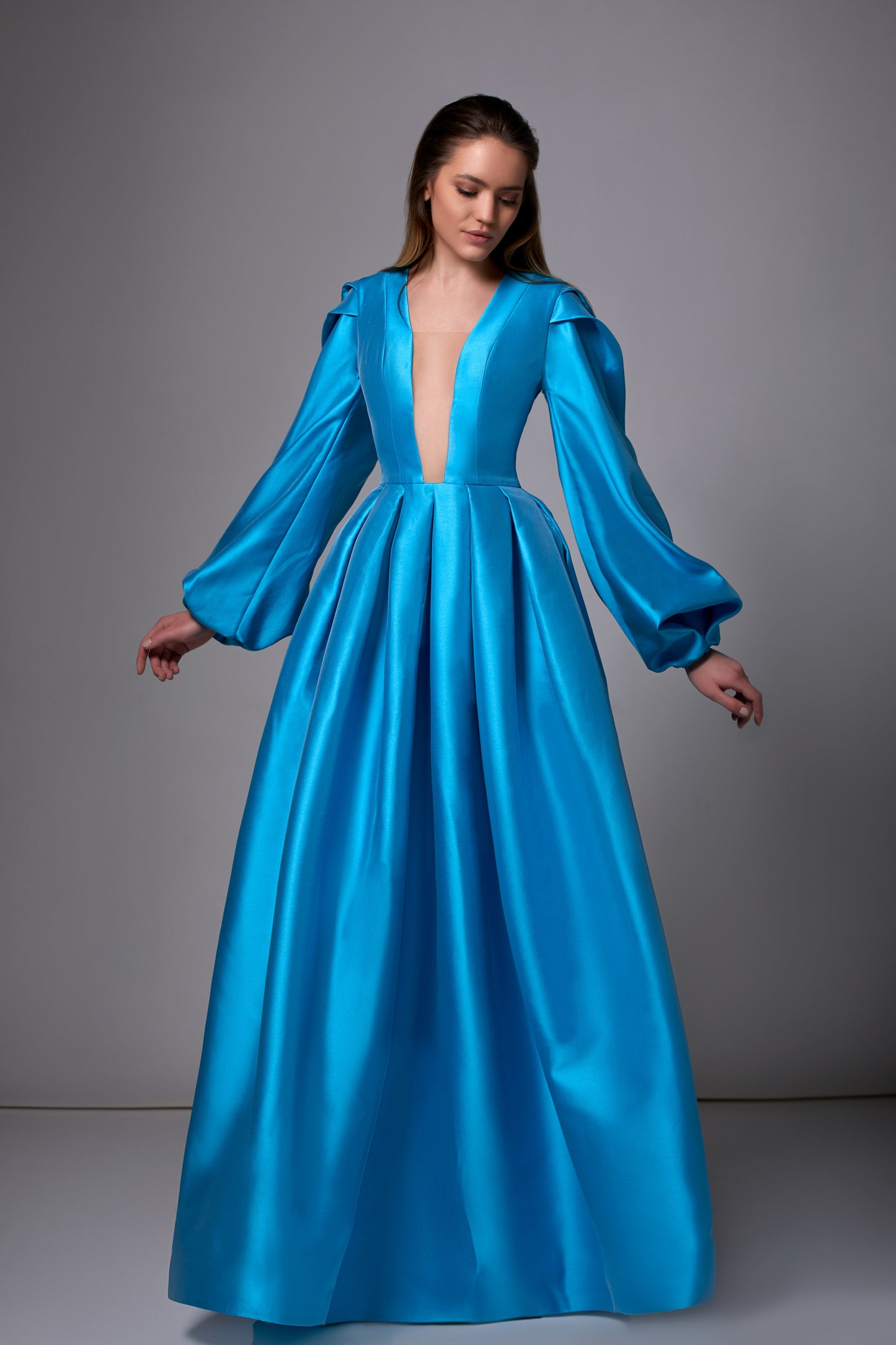Long Sleeve A-Line Faille Gown