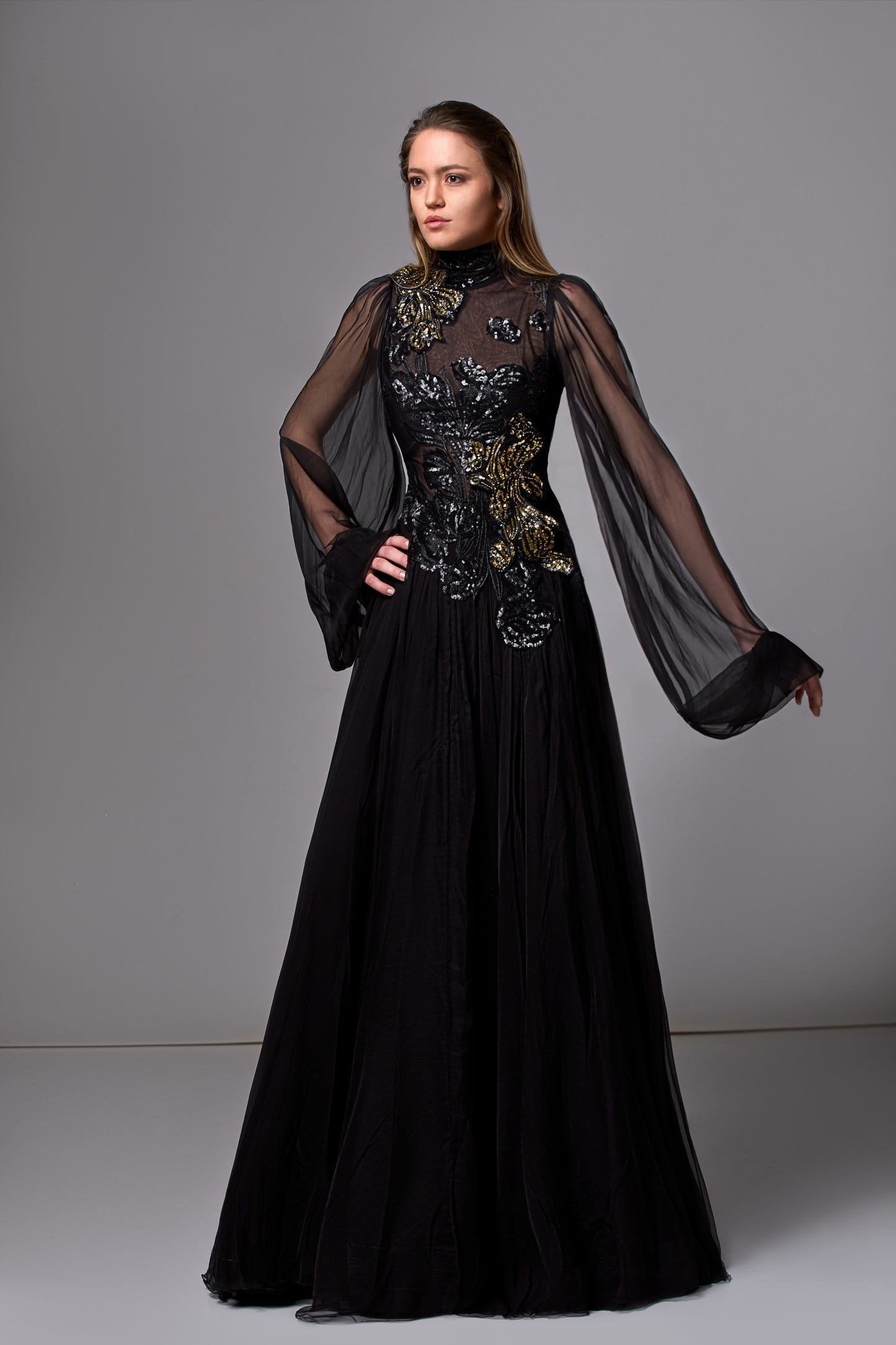 Sequined Long Sleeve Mousseline Gown