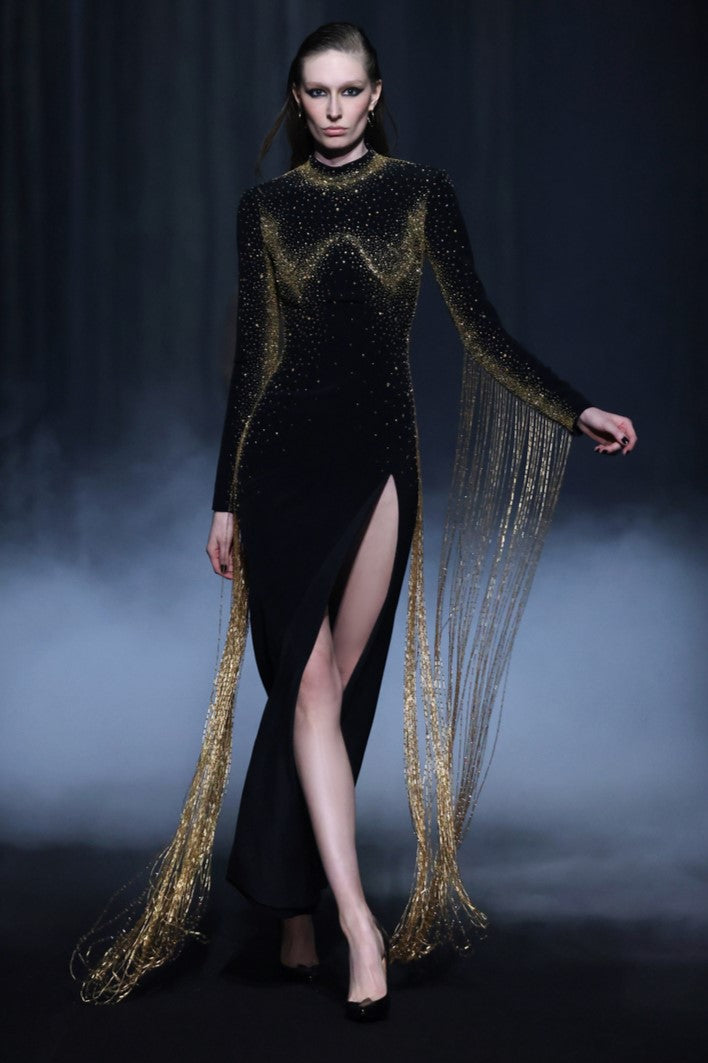 Beaded Crepe Dress with Fringes