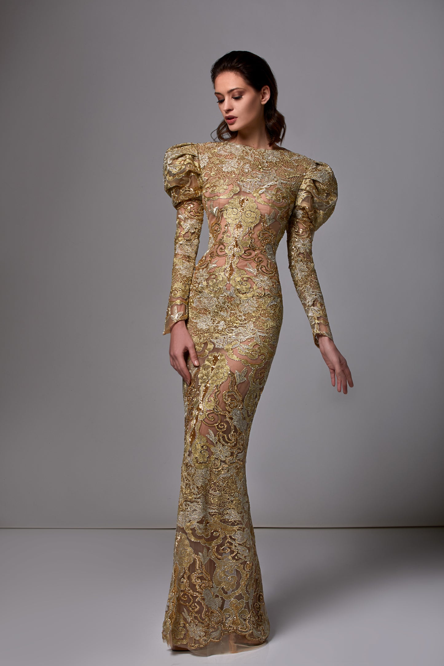 Long Puff Sleeve Lace Gown