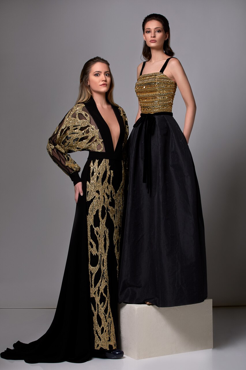 Taffeta Moire Beaded Top Gown