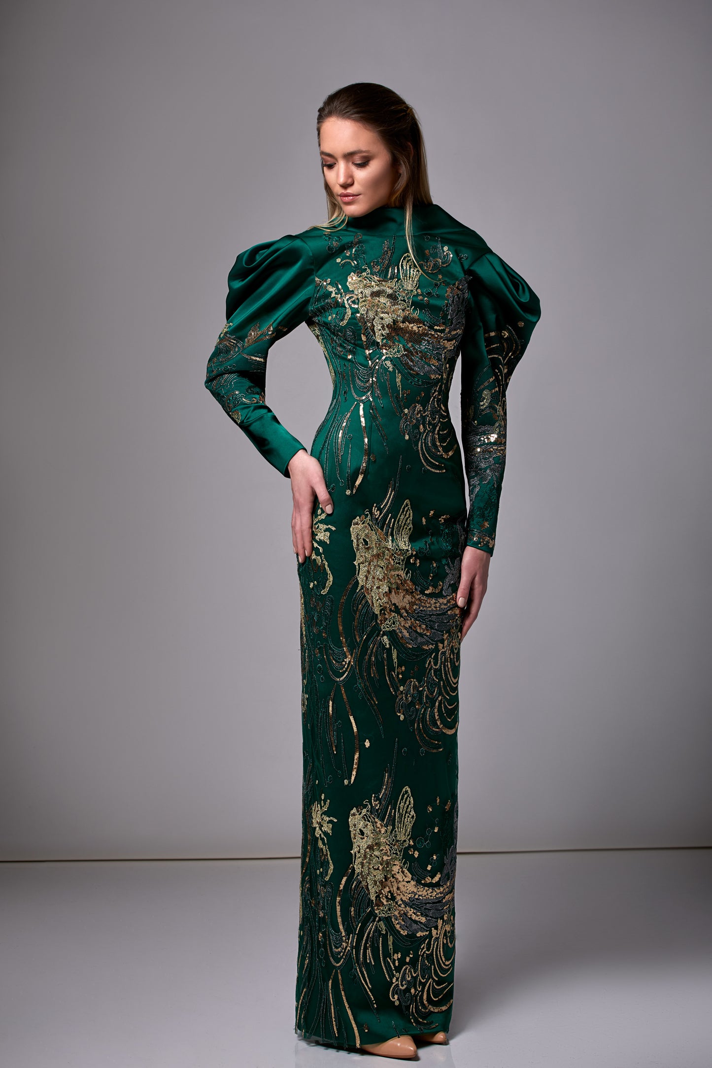 Long Sleeve Sequin Satin Gown