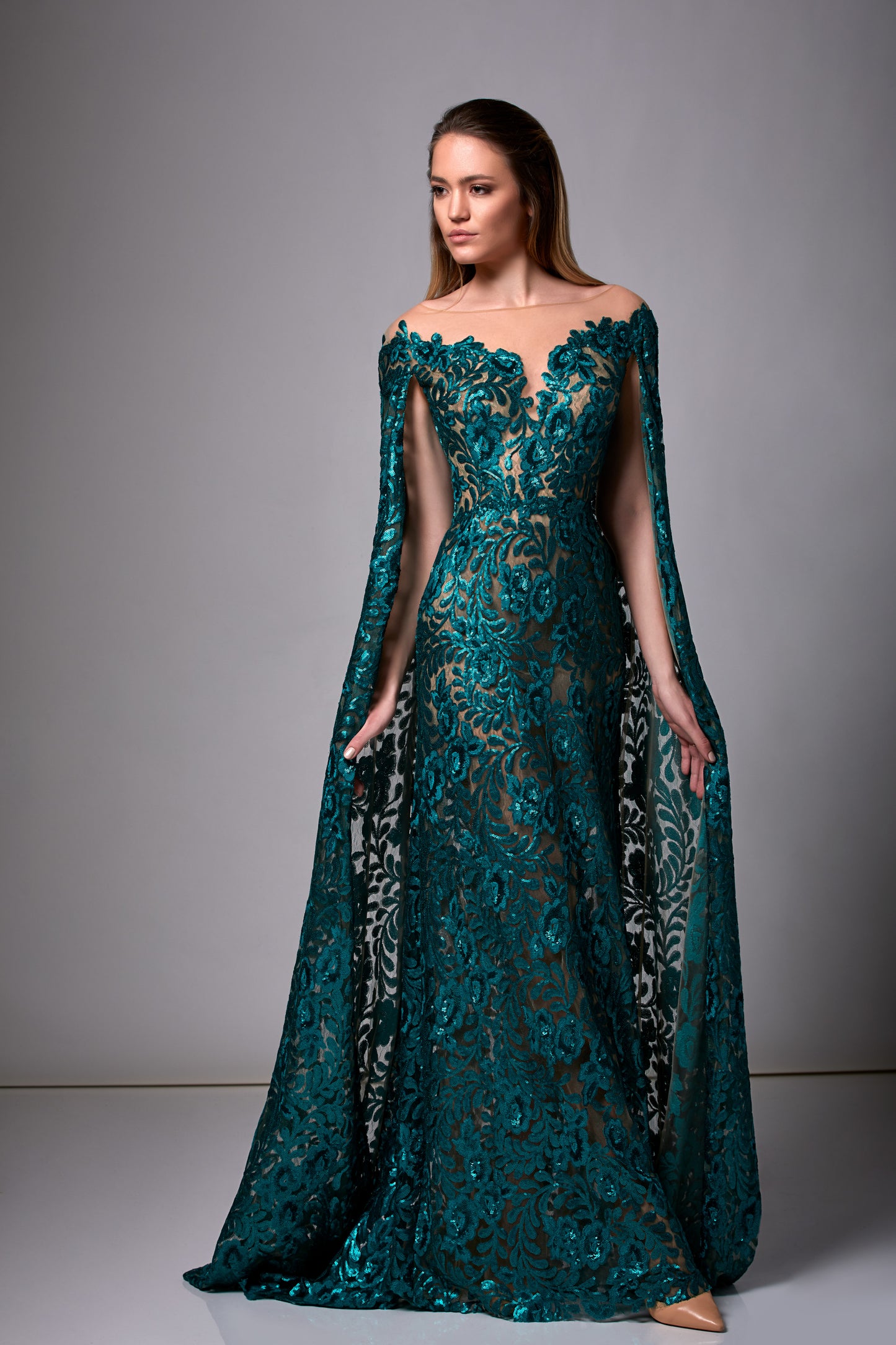 Off Shoulder Illusion Sequin Gown