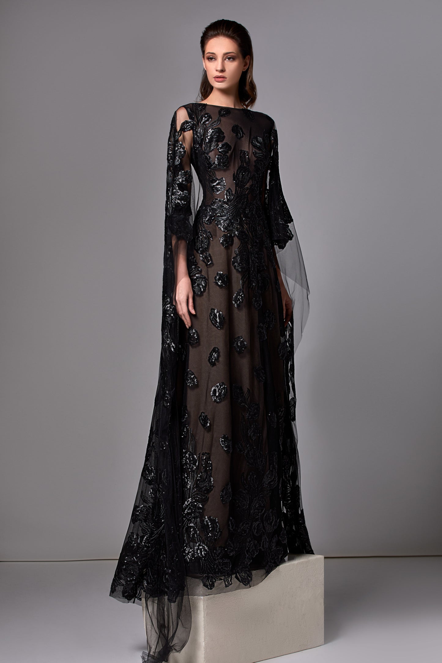 Long Cape Sleeve Sequin Tulle Gown