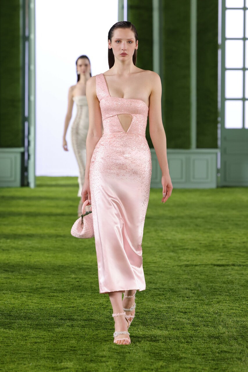 One Shoulder Beaded Satin Duchesse Dress