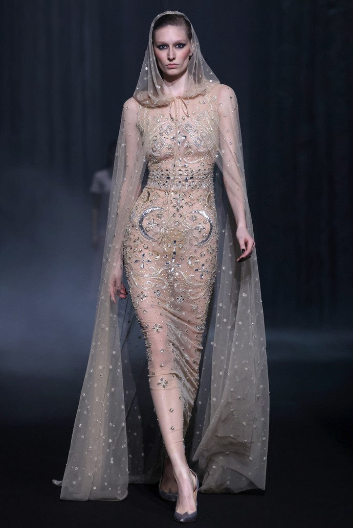 Beaded Tulle Dress with Hooded Cape