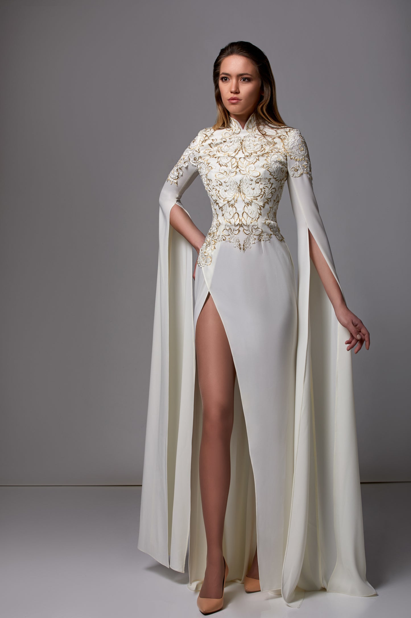 Crepe Slit Gown with Cape Sleeves