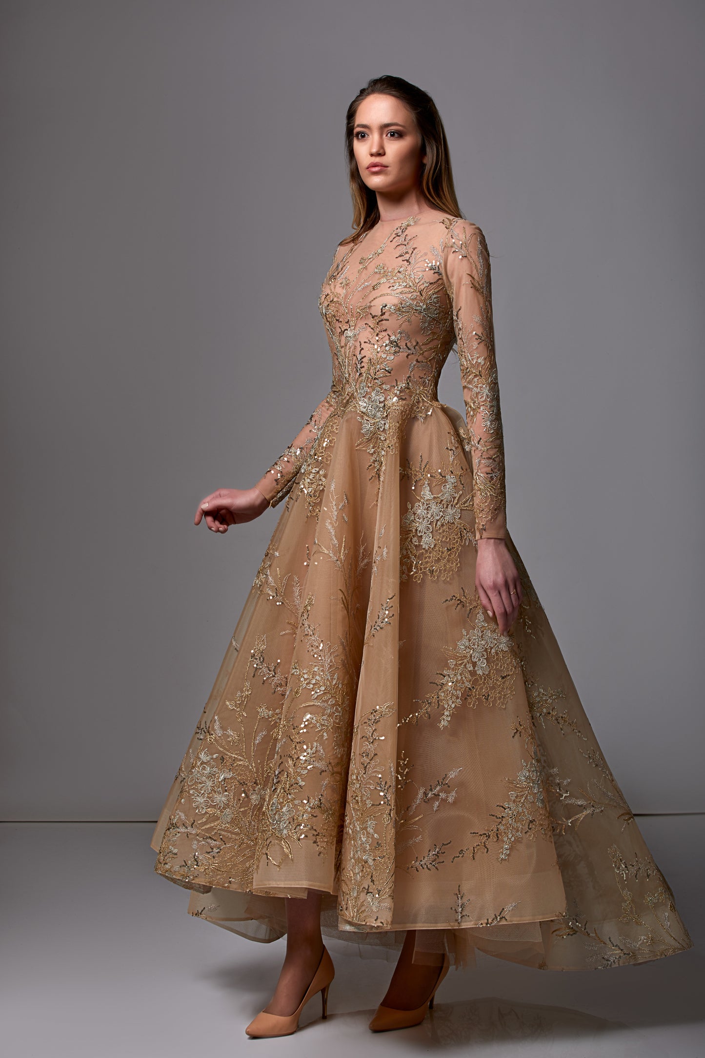 Sequin Embellished Long Sleeve Midi Dress