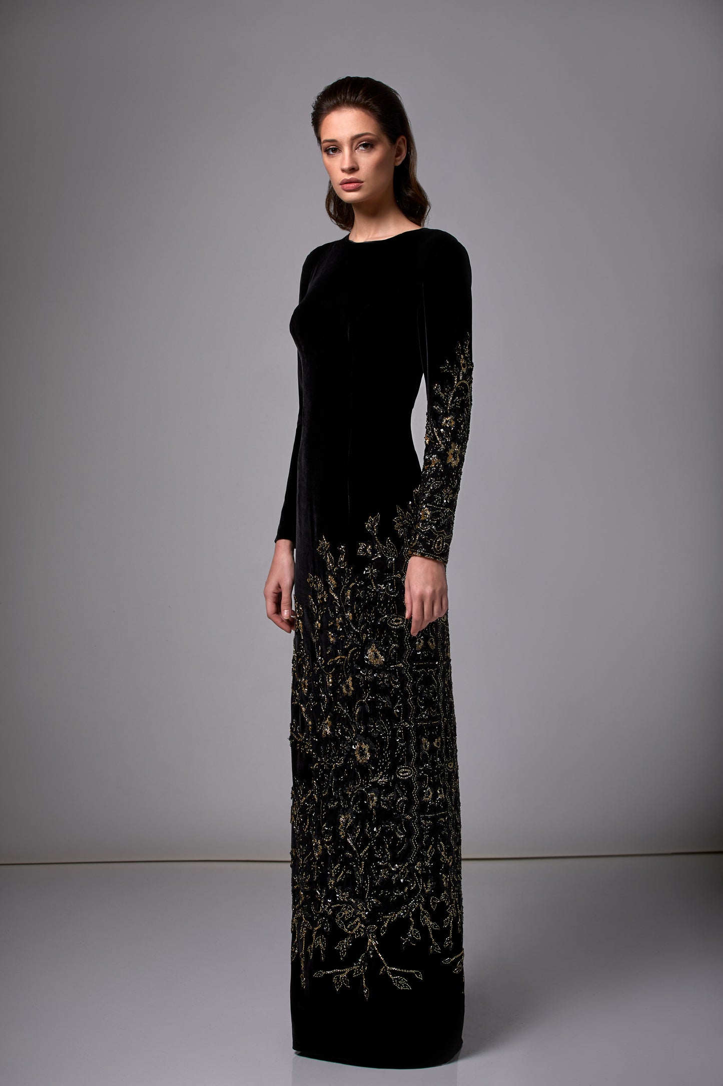 Beaded Long Sleeve Velvet Column Gown