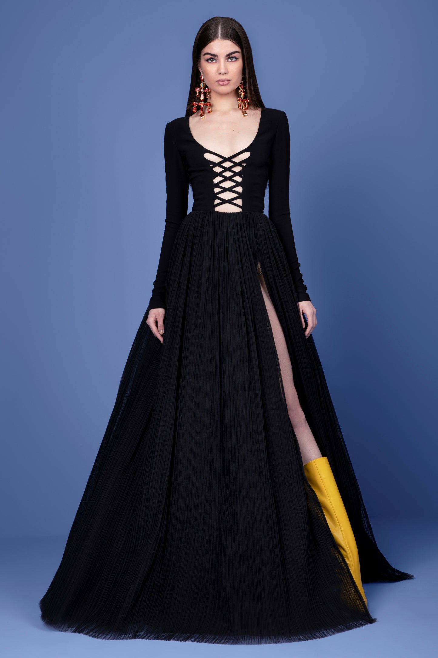 Interlaced Crepe Bodice Slit Gown