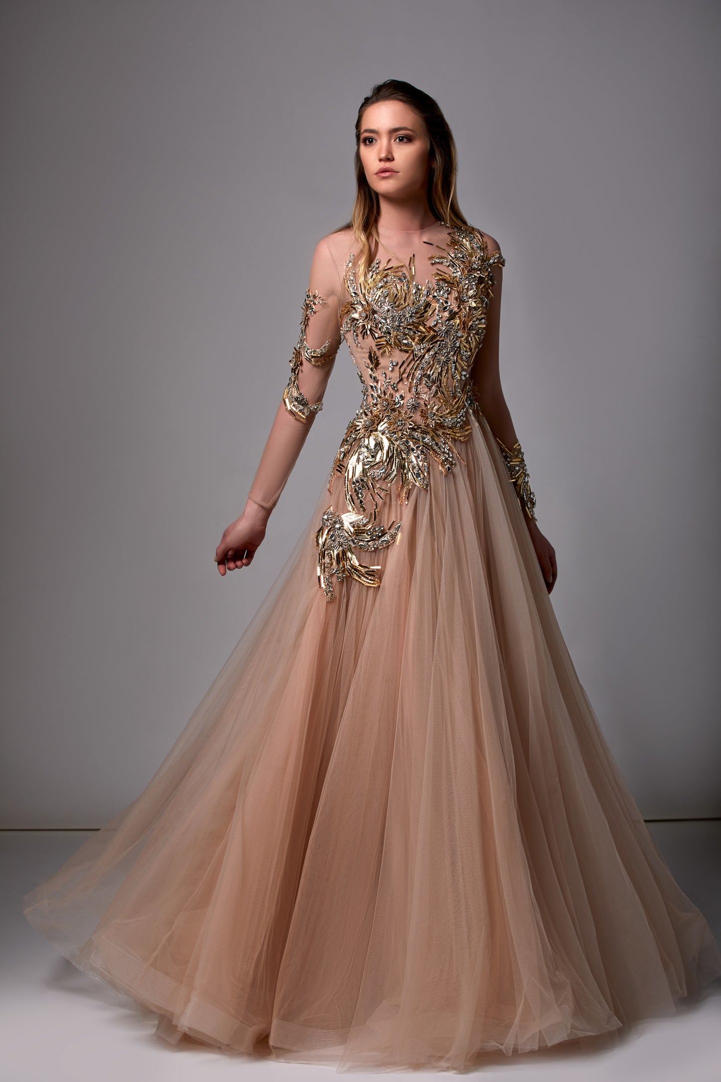 Long Sleeve Beaded Tulle Gown