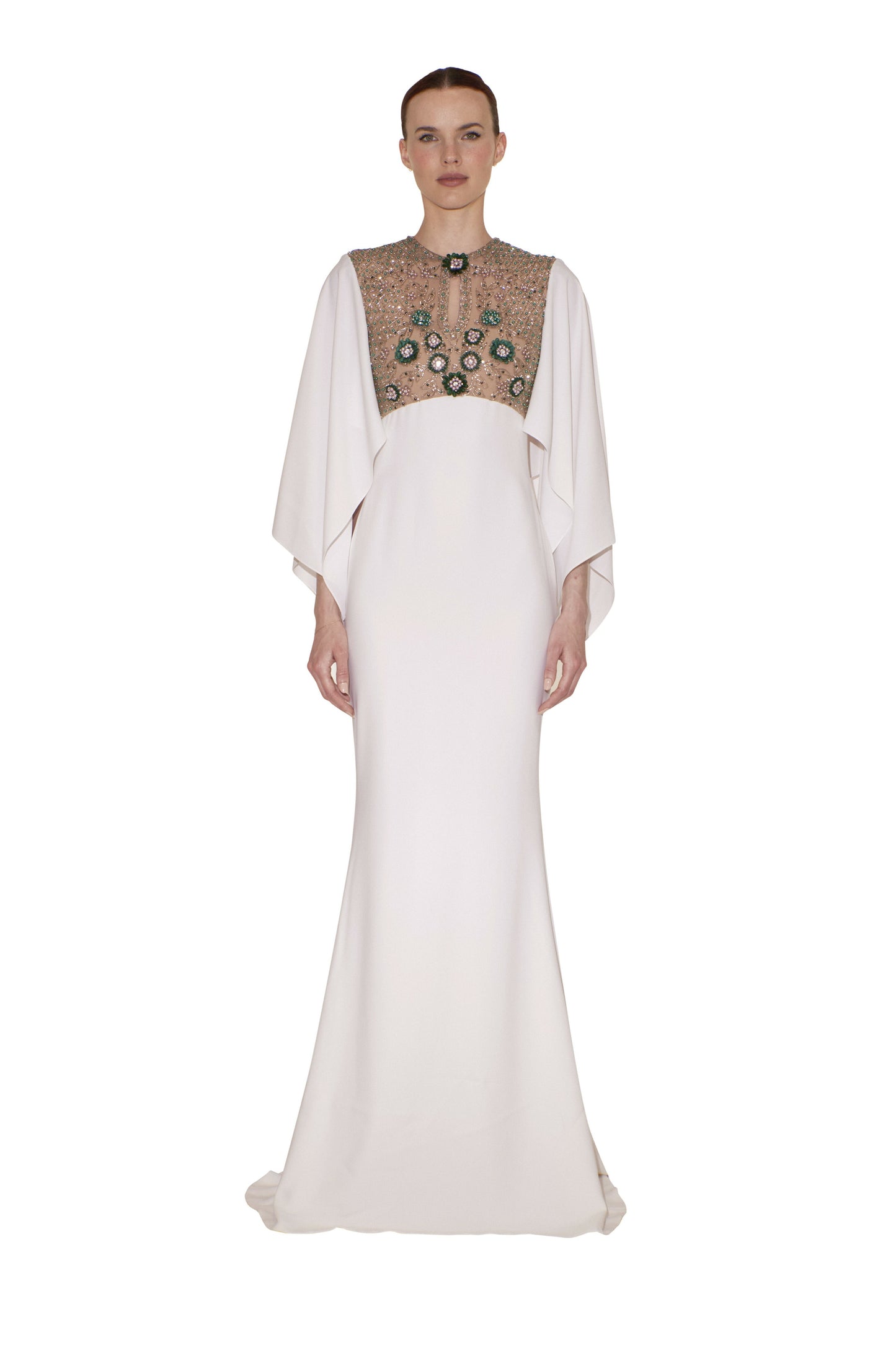 Long Flutter Sleeve Crepe Gown