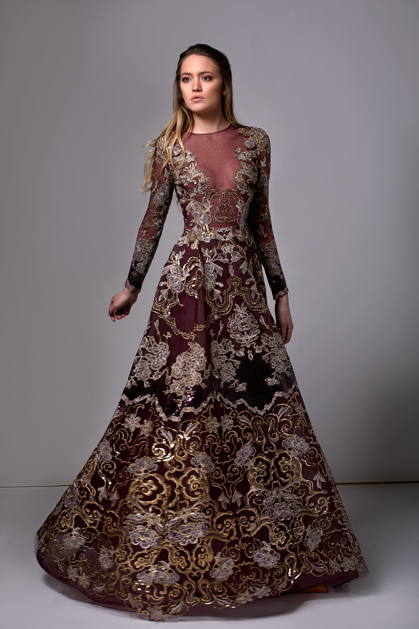 Long Sleeve Sequined Lace Gown