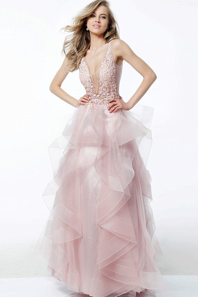 Plunging Neckline Ruffle Skirt Evening Gown