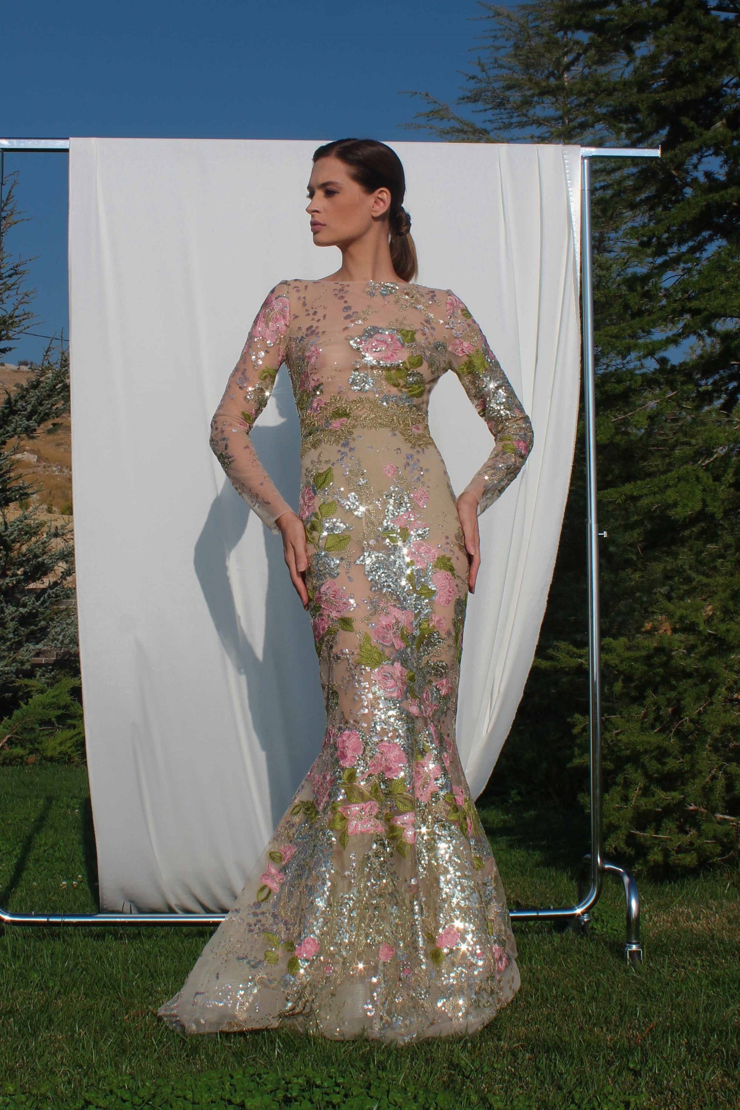 Long Sleeve Beaded Tulle Gown