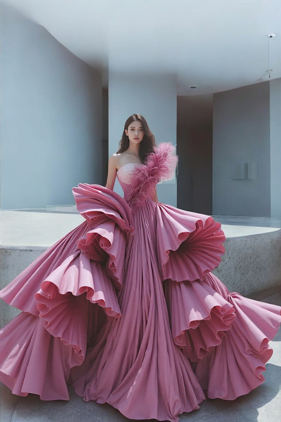 Feathered One-Shoulder Ball Gown