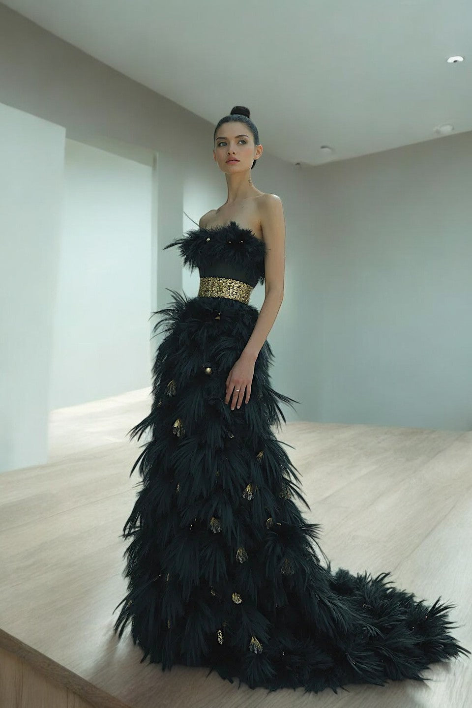 Fully Feathered Strapless Gown