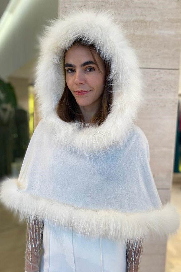 White Wool Hood with Fox Fur