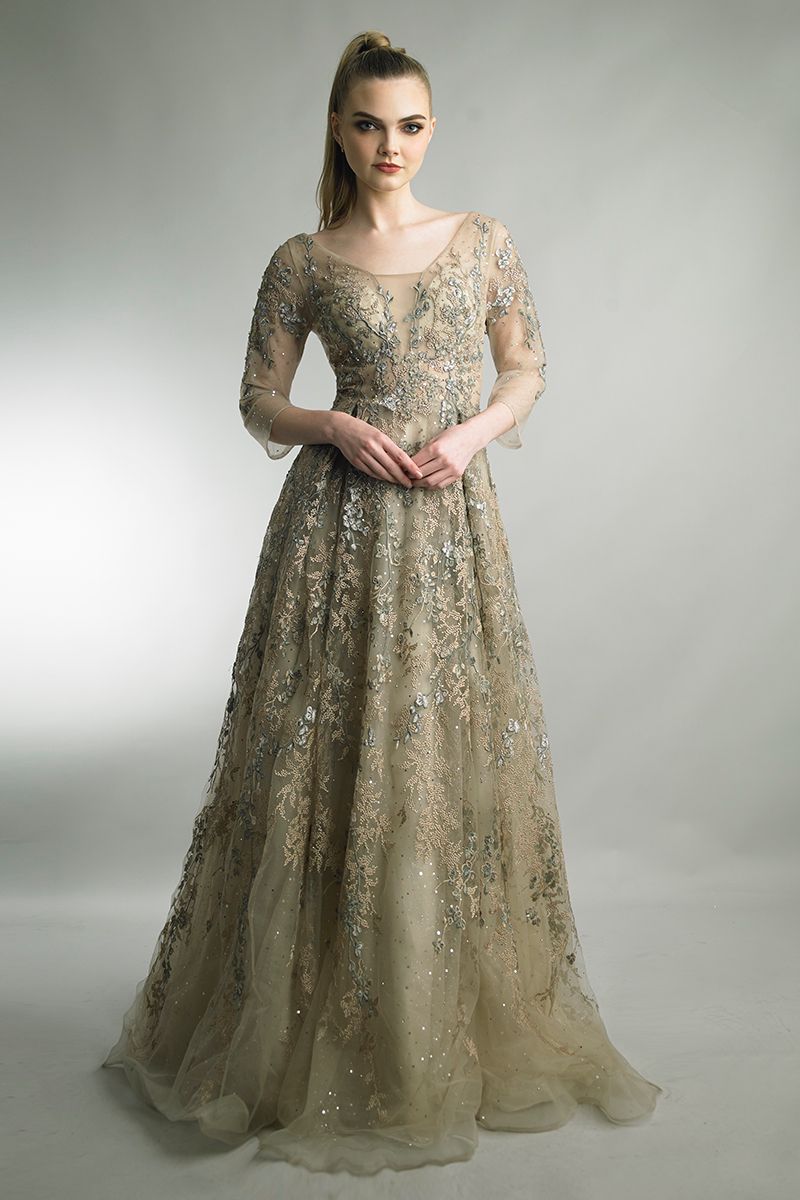 Long Sleeve A-Line Embellished Gown