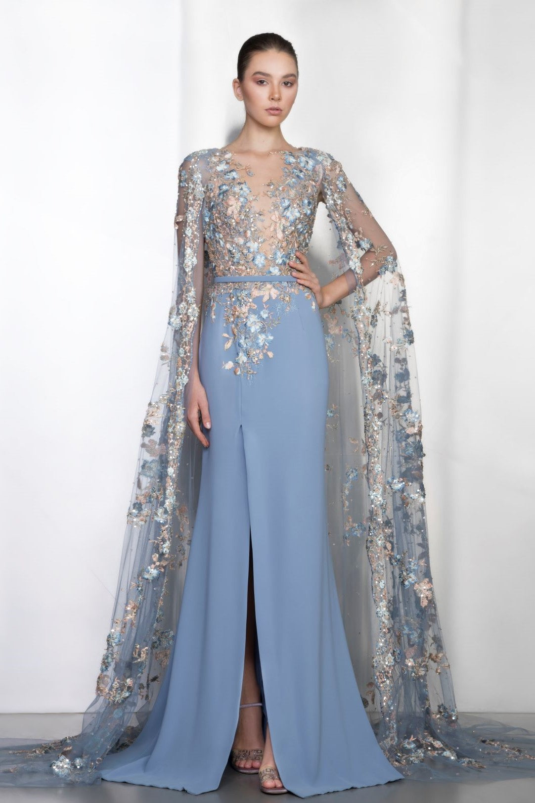 Long Cape Sleeve Slit Gown